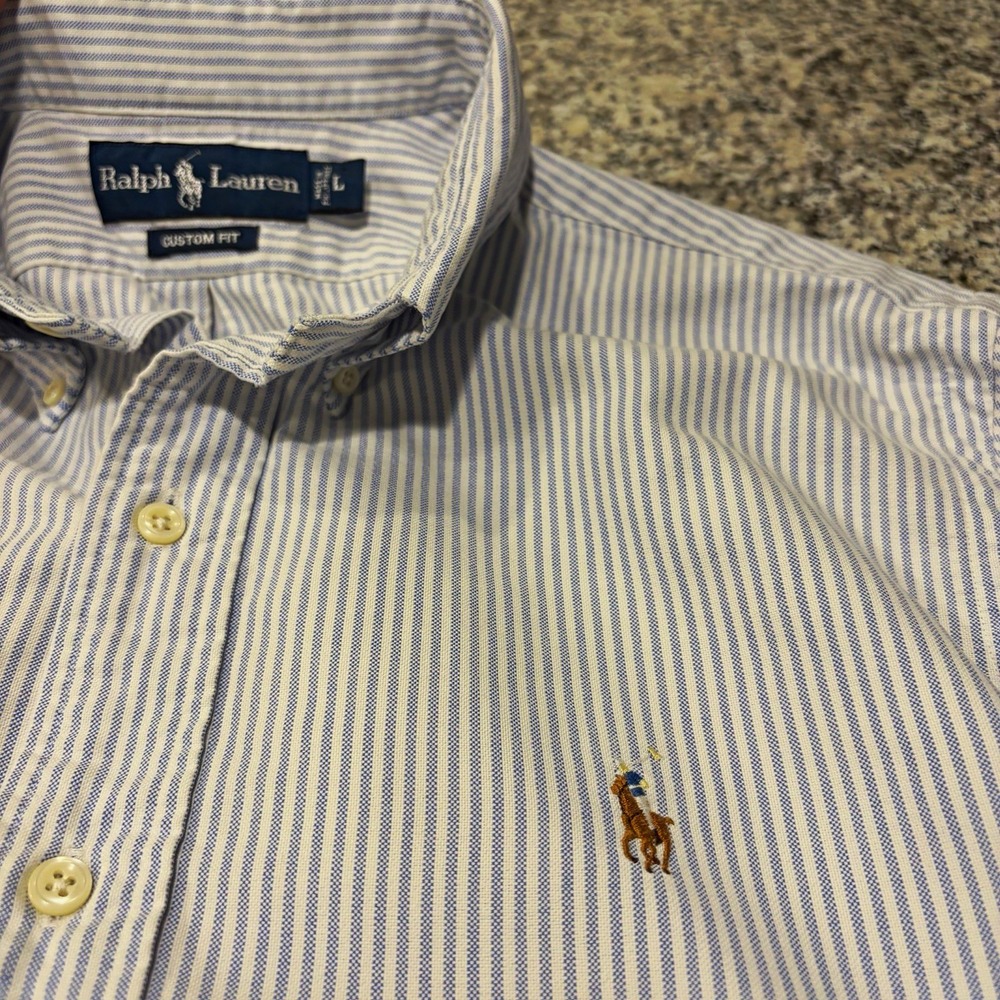 Ralph Lauren Mens L Blue White Striped Woven Long Sleeve Button-Down Custom Fit
